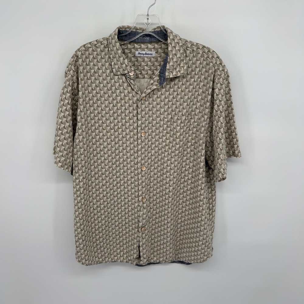 Tommy Bahama Mens Silk Short Sleeve Button Up Shirt L G Tropical‎ Geo Print